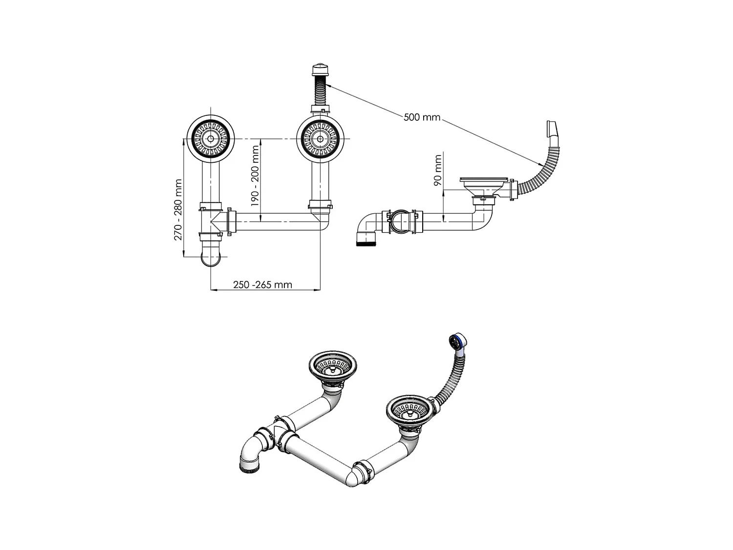 Évier de cuisine encastrable à 2 bacs en granite blanc gris