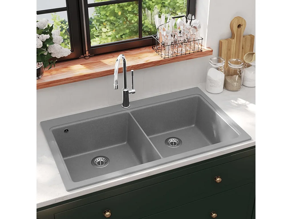 Évier de cuisine encastrable à 2 bacs en granite blanc gris