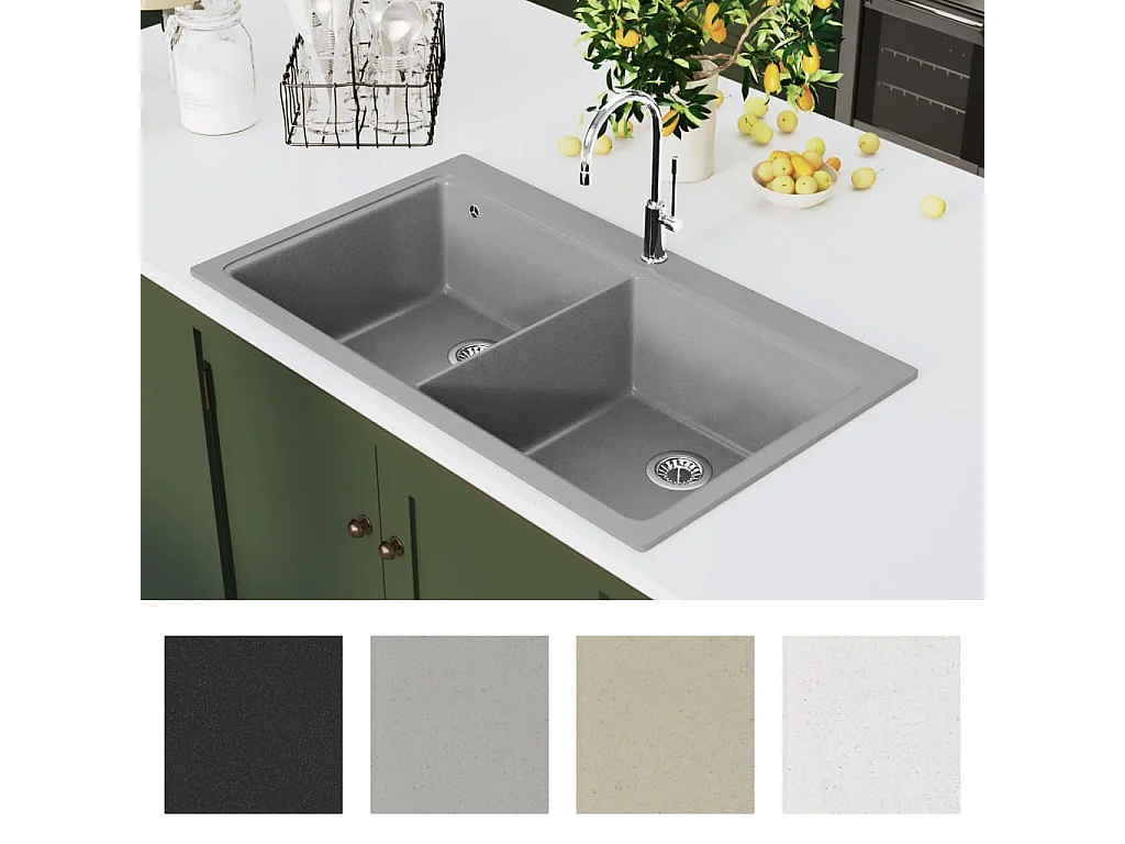 Évier de cuisine encastrable à 2 bacs en granite blanc gris