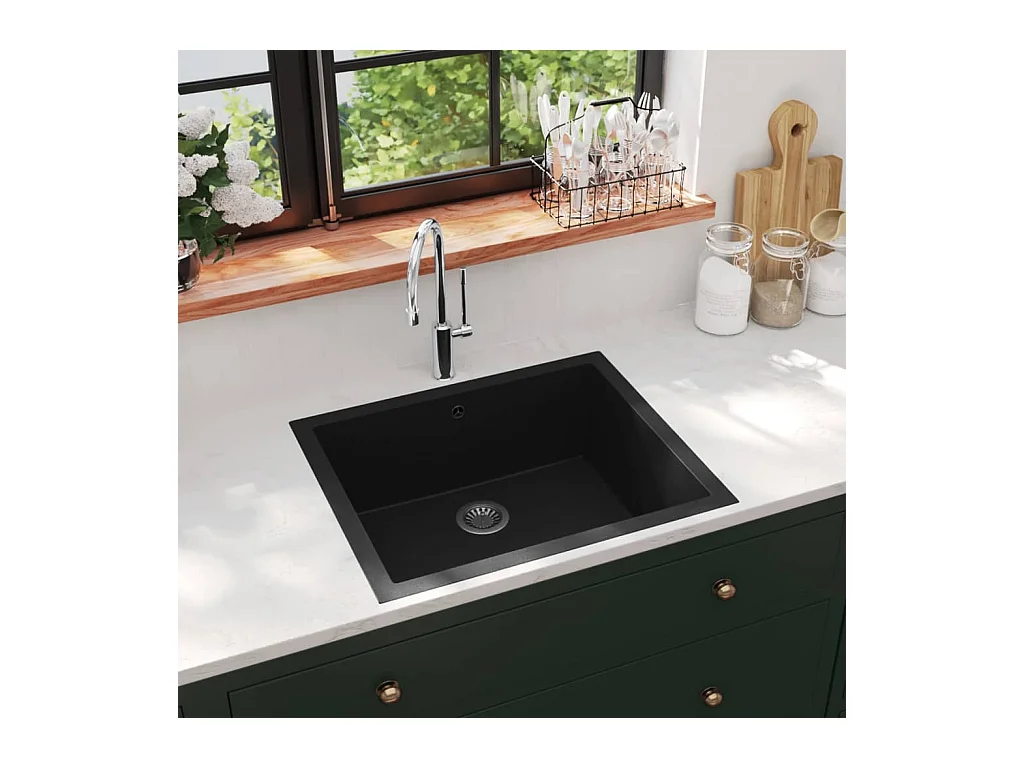 Fregadero de cocina de granito negro con orificio de desbordamiento