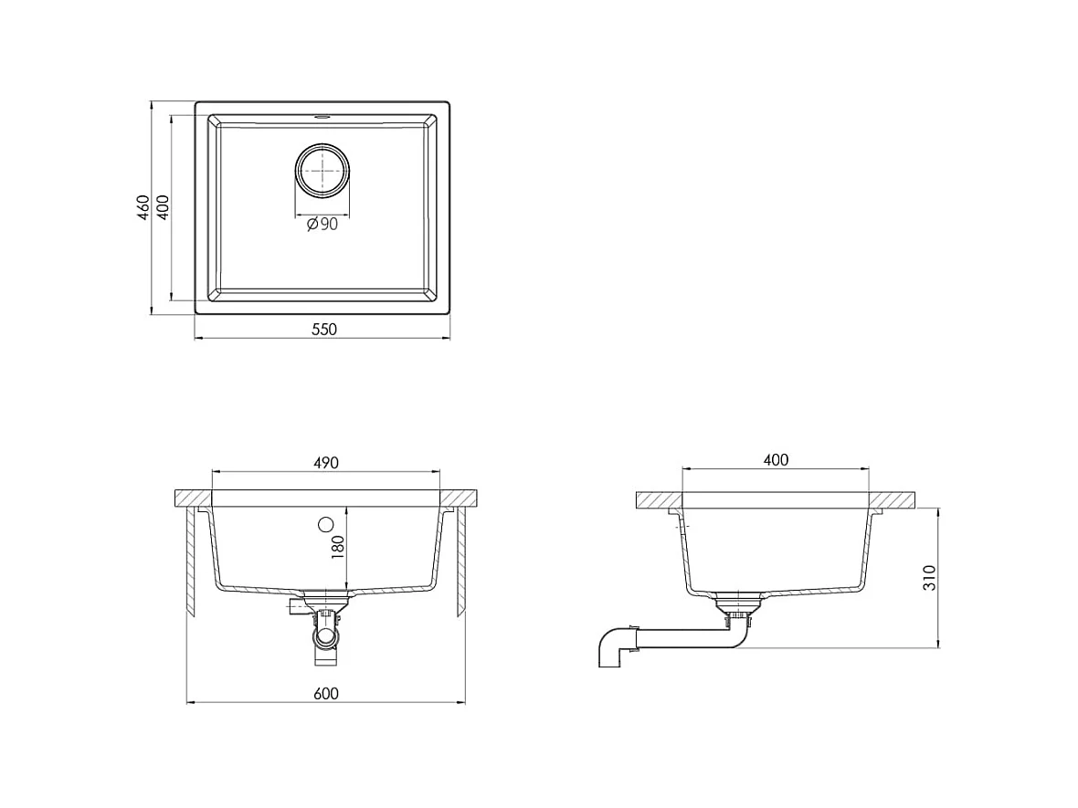Fregadero de cocina de granito negro con orificio de desbordamiento