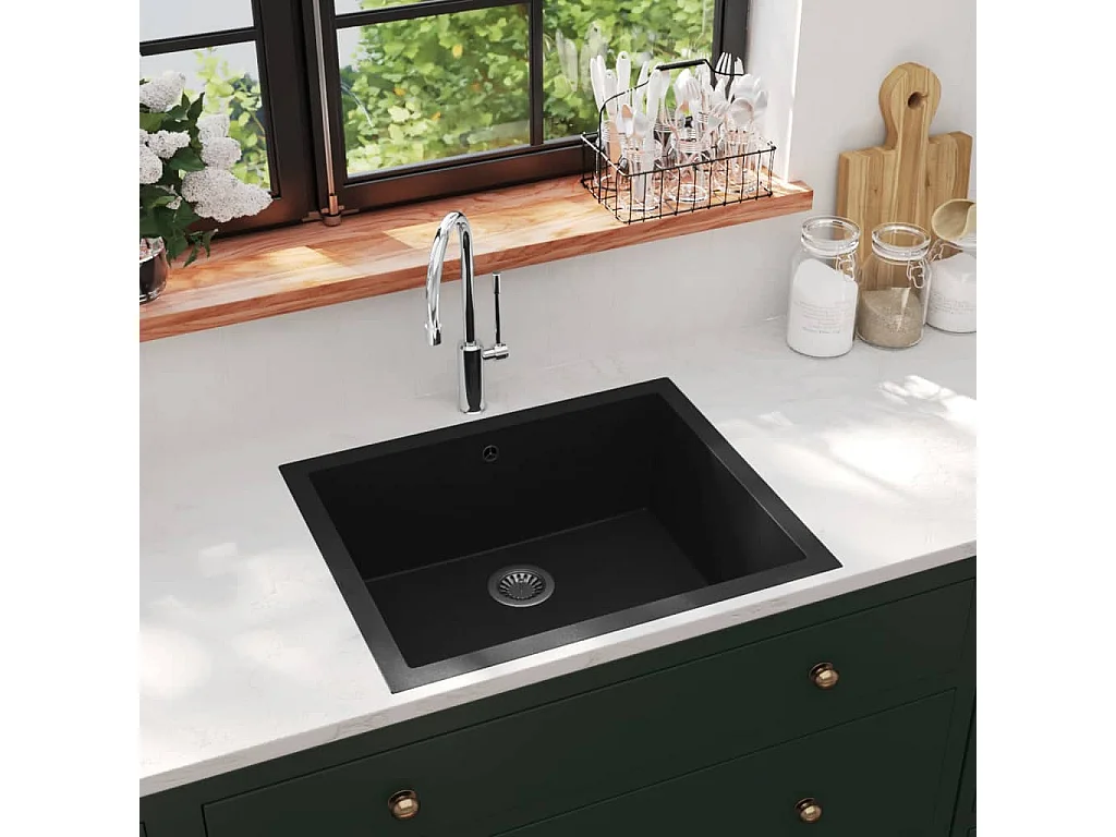 Lavello da cucina in granito nero con foro di troppo pieno