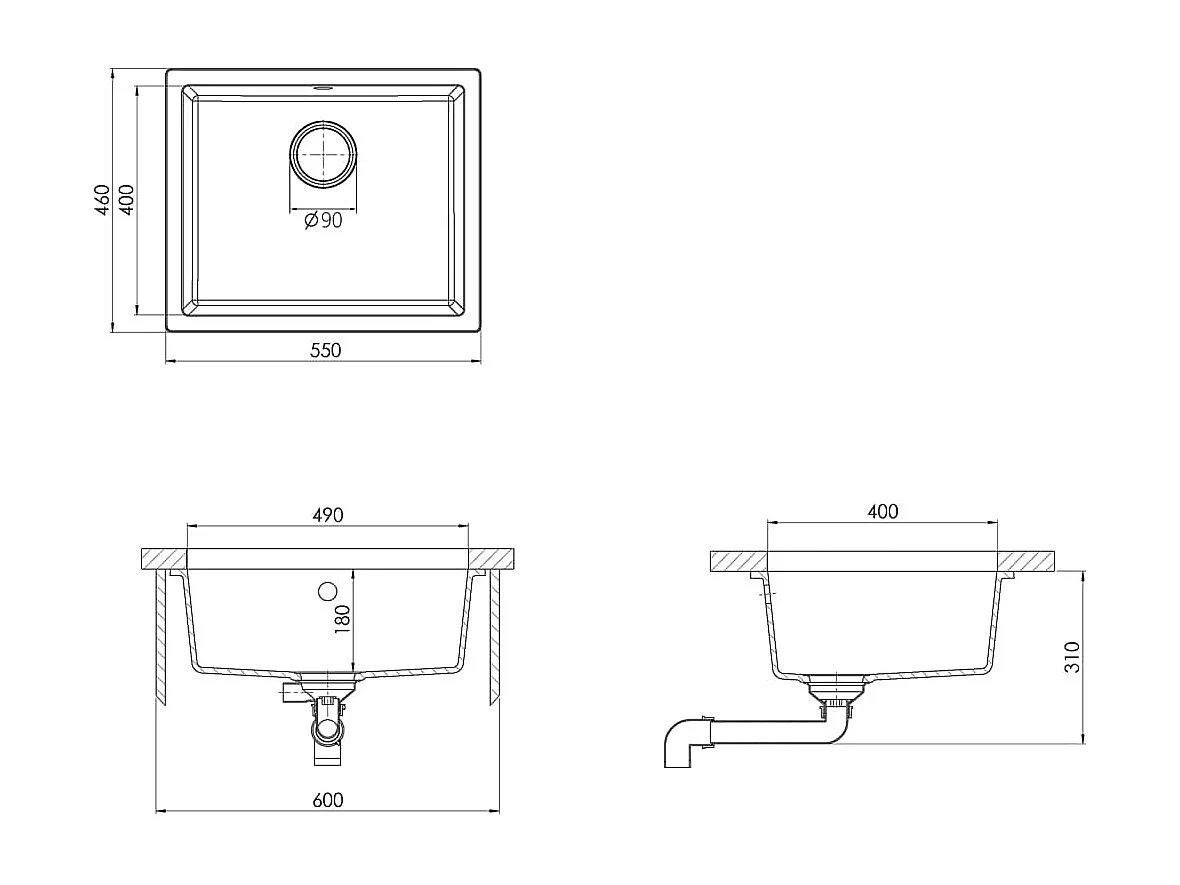 Lavello da cucina in granito nero con foro di troppo pieno
