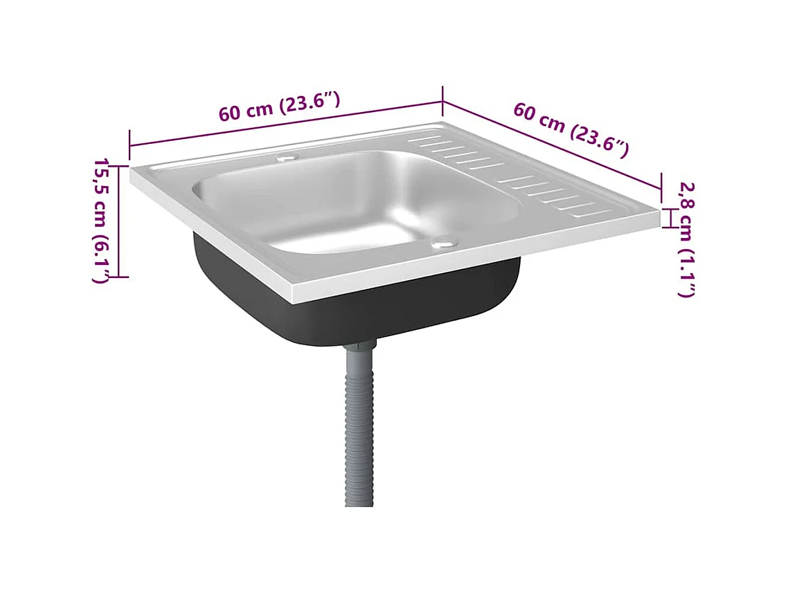 Keuken spoelbak en afdruiprek set zilver 600x600x155 mm roestvrij staal