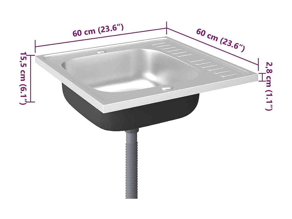 Jeu d'évier de cuisine et égouttoir argenté 600x600x155 mm inox