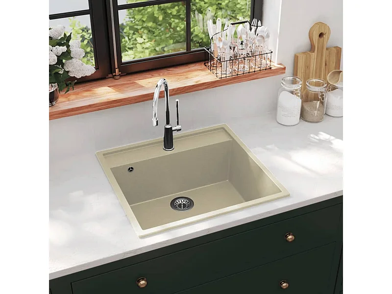 Lavello da cucina in granito beige con foro di troppo pieno
