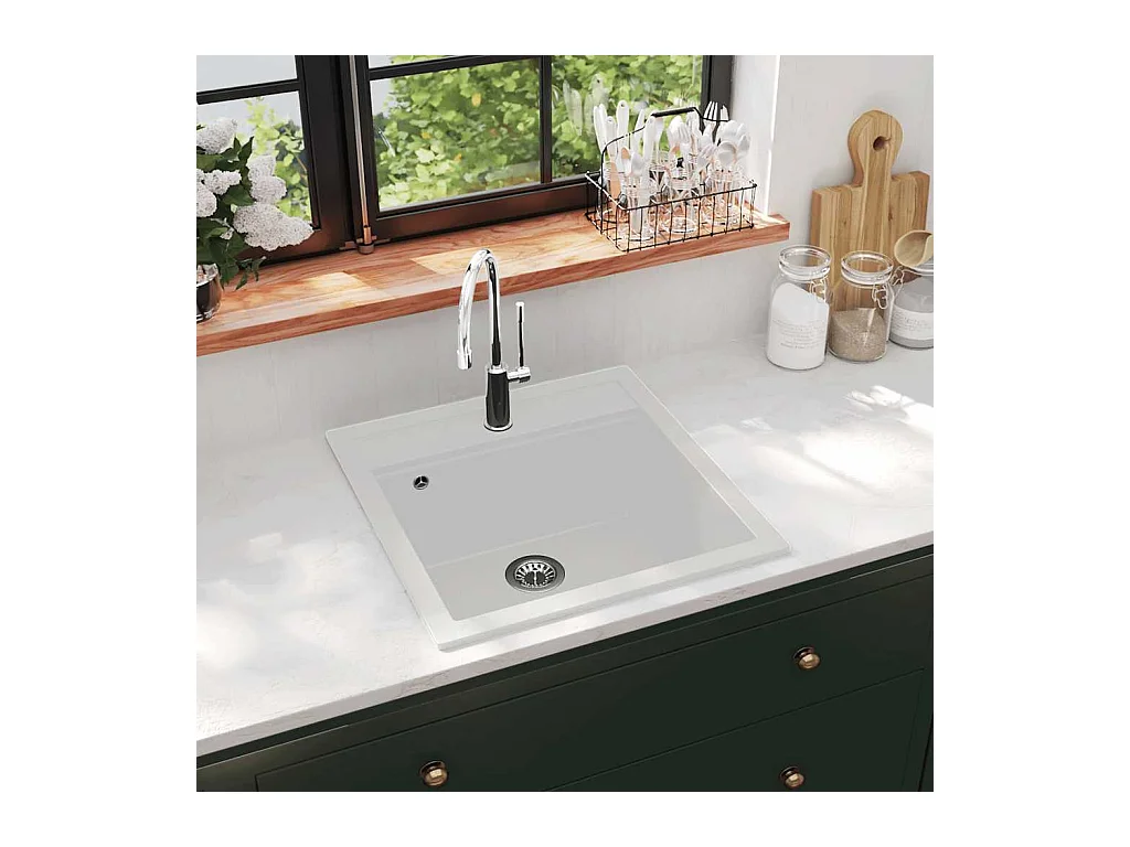 Fregadero de cocina de granito, fregadero individual, blanco
