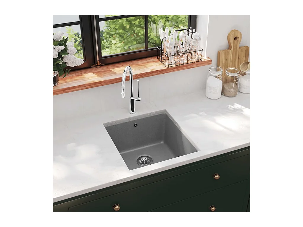 Granieten keukenspoelbak met enkele kom, grijs