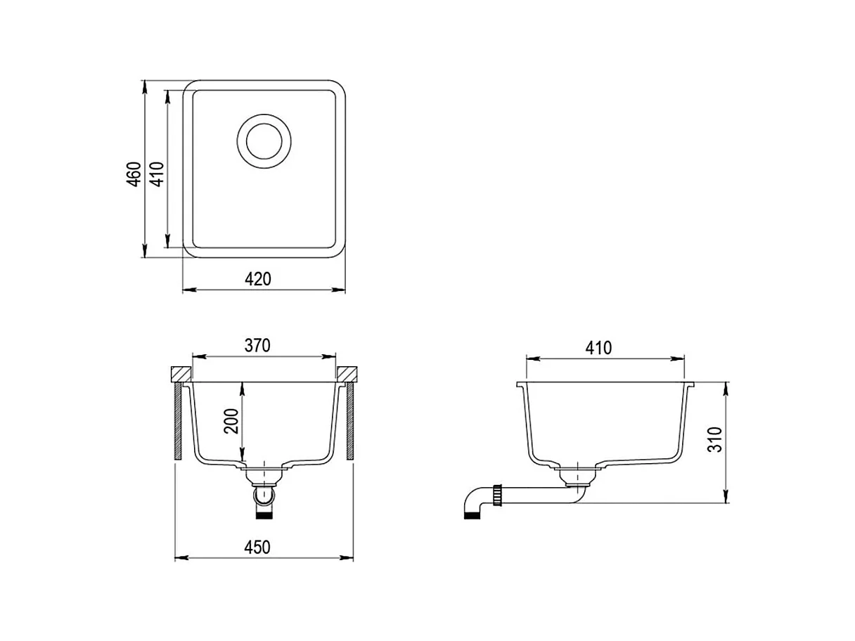 Granieten keukenspoelbak met enkele kom, grijs