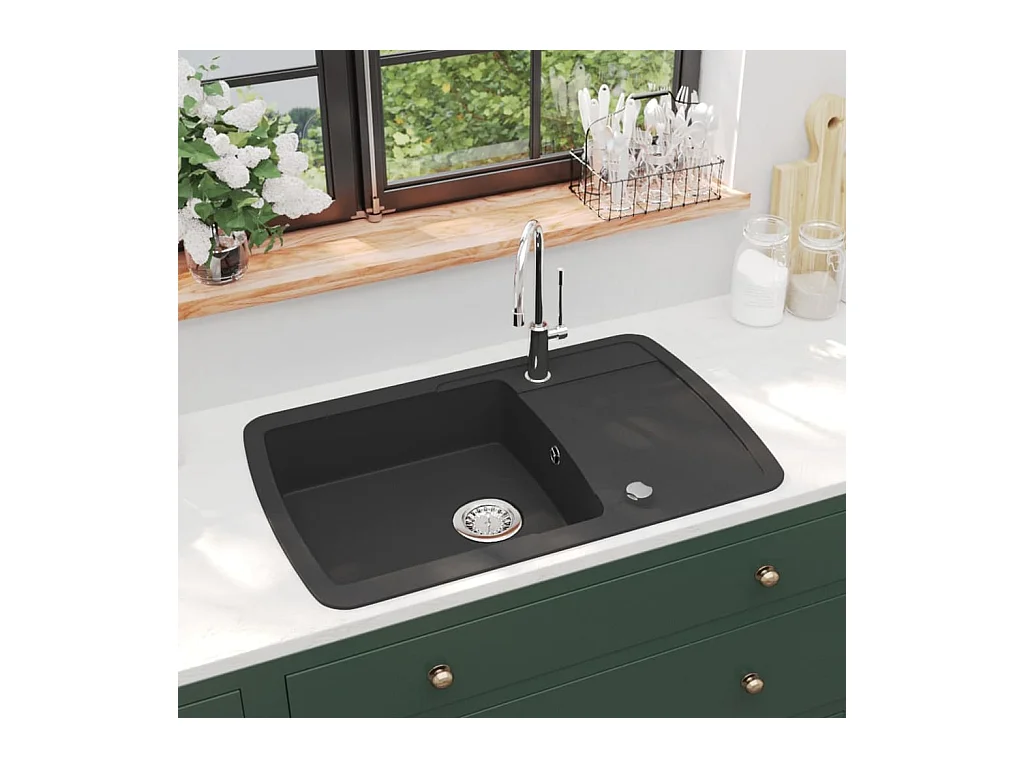 Zwarte granieten spoelbak met één kom