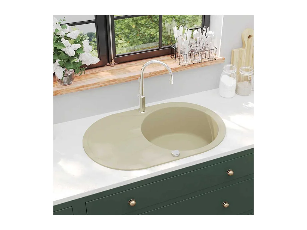 Granieten keukenspoelbak, enkele ovale beige wastafel