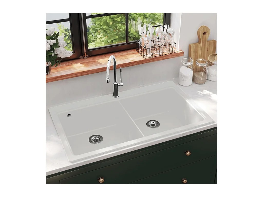 Fregadero de cocina bajo encimera de granito blanco crema con doble cubeta