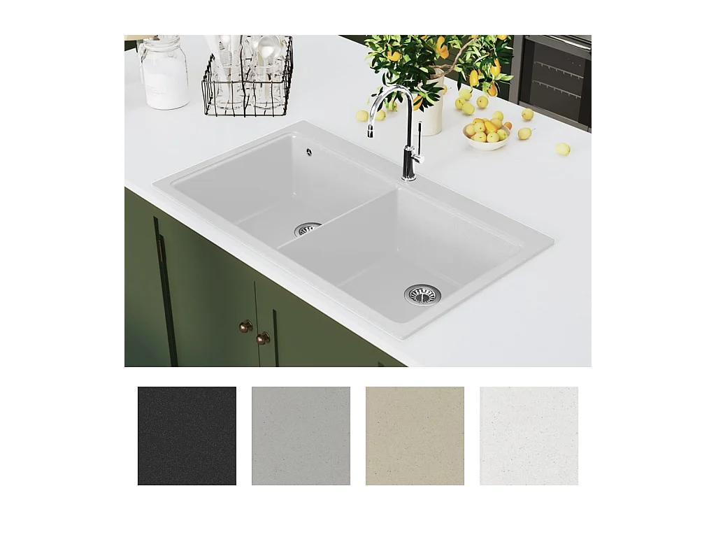 Fregadero de cocina bajo encimera de granito blanco crema con doble cubeta