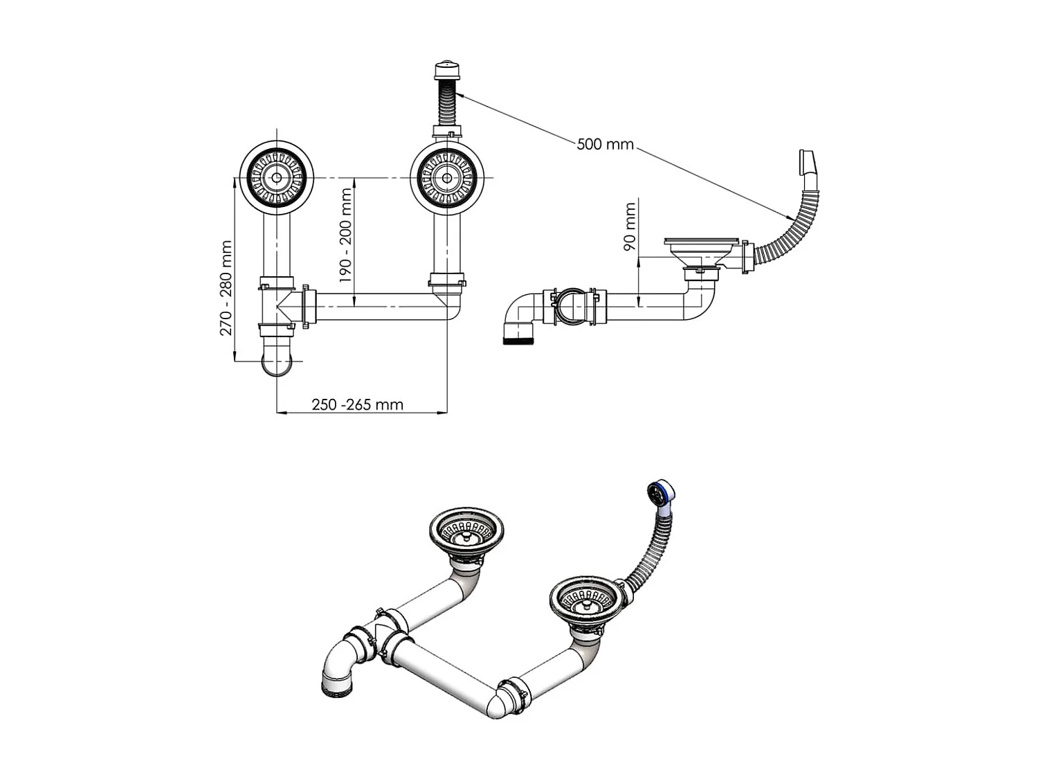 Fregadero de cocina bajo encimera de granito blanco crema con doble cubeta