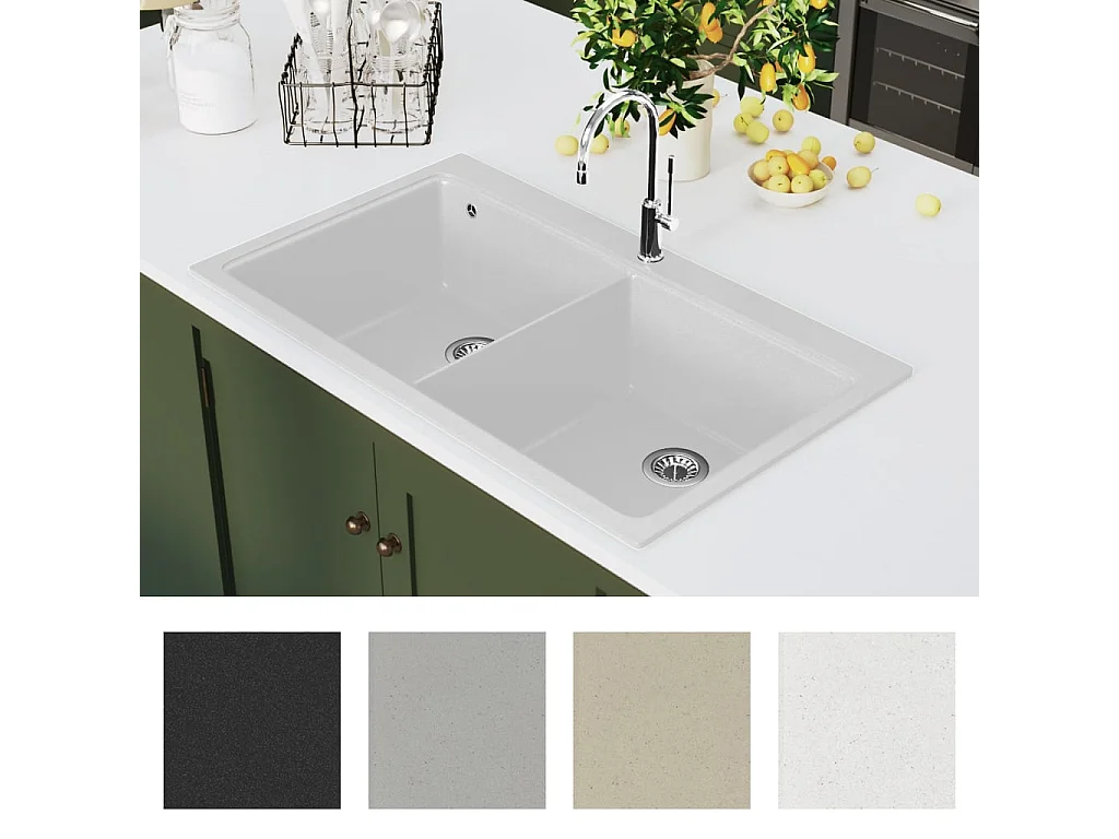 Fregadero de cocina bajo encimera de granito blanco crema con doble cubeta