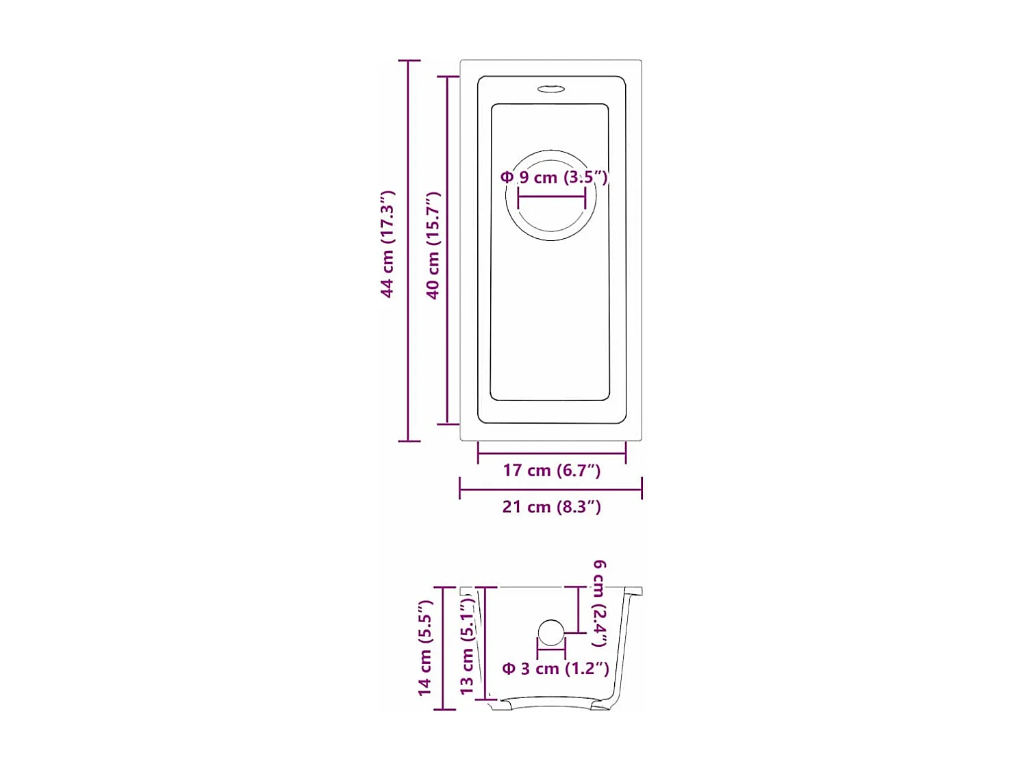 Witte keukenspoelbak 21 x 44 x 14 cm Graniet