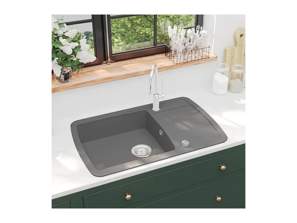 Fregadero de cocina de granito de un solo tazón gris