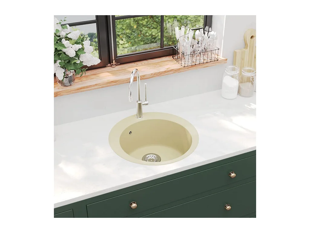 Granieten keukenspoelbak met enkele bak, rond, beige