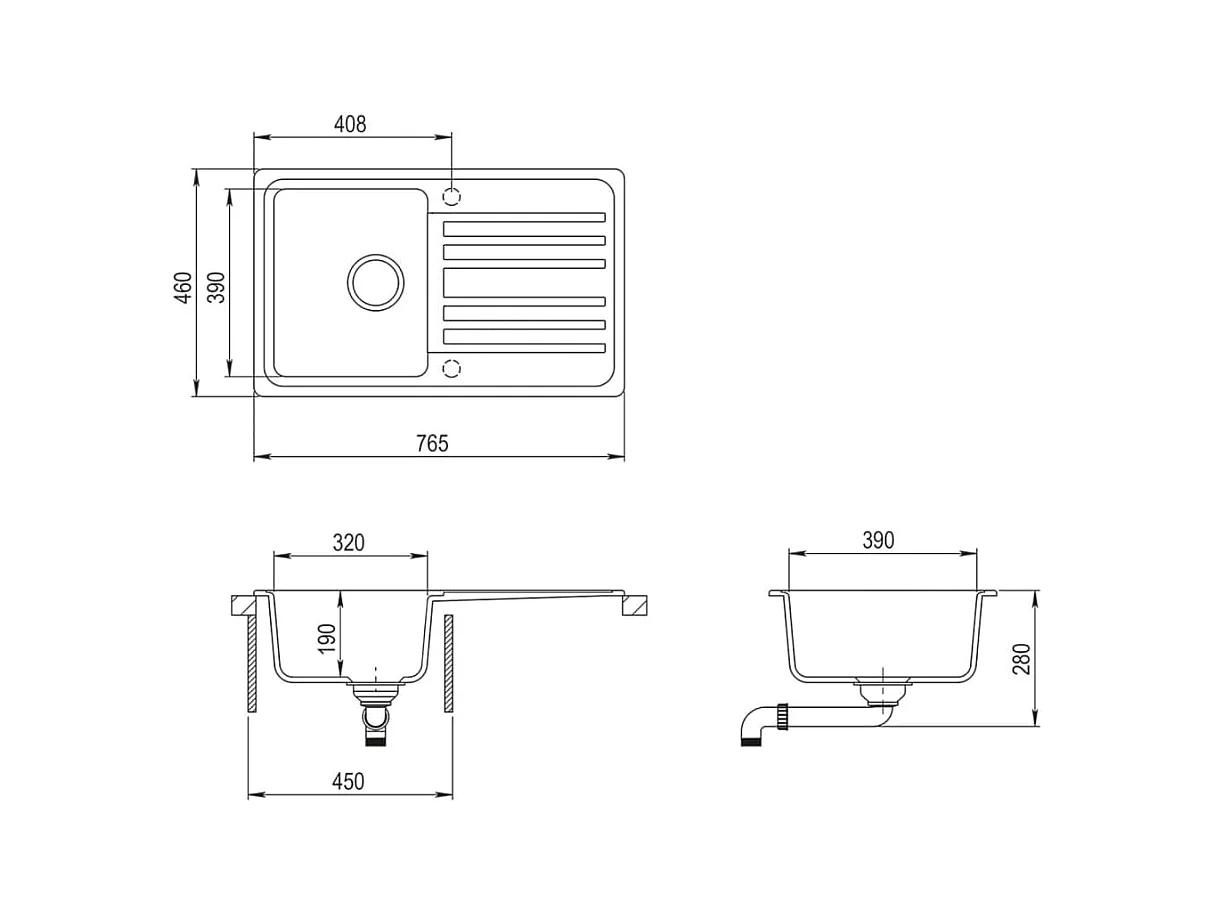 Granitspüle mit umkehrbarer Abtropffläche Schwarz
