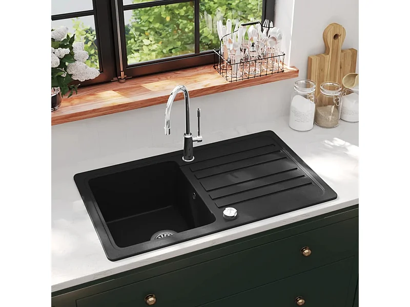 Lavello da cucina in granito con scolapiatti reversibile Nero