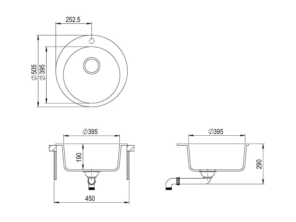 Évier de cuisine en granit Bac unique Rond Gris