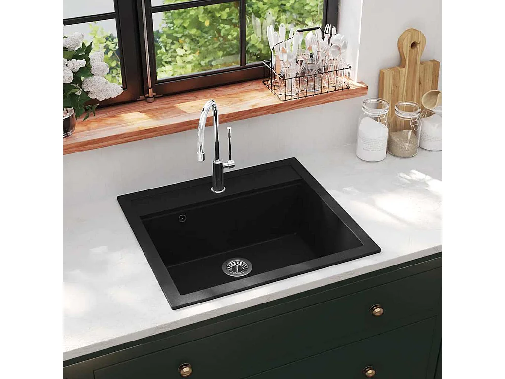Lavello da cucina in granito nero a una vasca