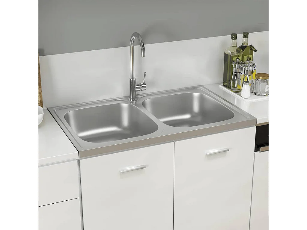 Évier de cuisine à double lavabo argenté 800x500x155 mm inox