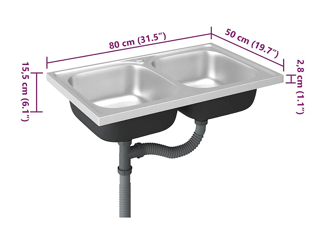 Évier de cuisine à double lavabo argenté 800x500x155 mm inox
