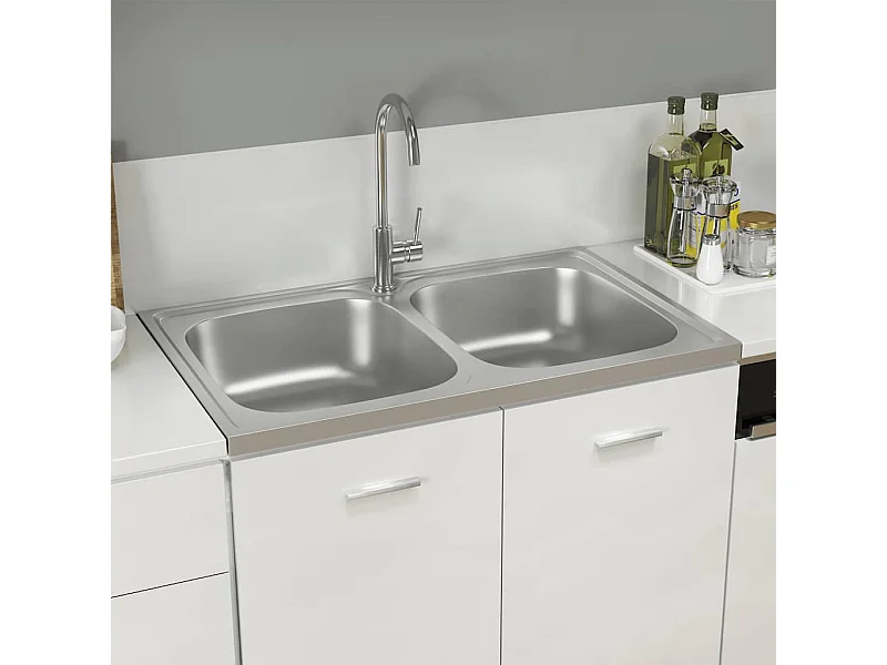 Évier de cuisine à double lavabo argenté 800x500x155 mm inox