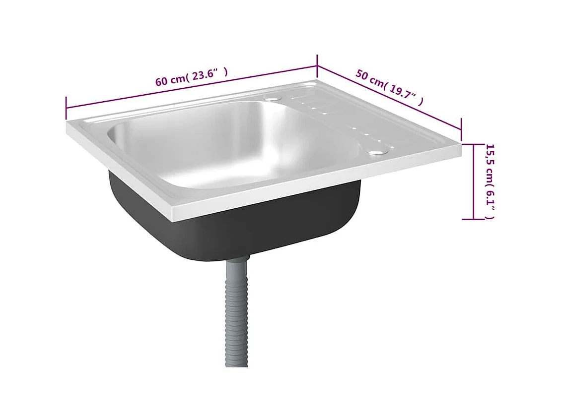 Zilveren spoelbak en afdruiprek 600x500x155 mm roestvrij staal