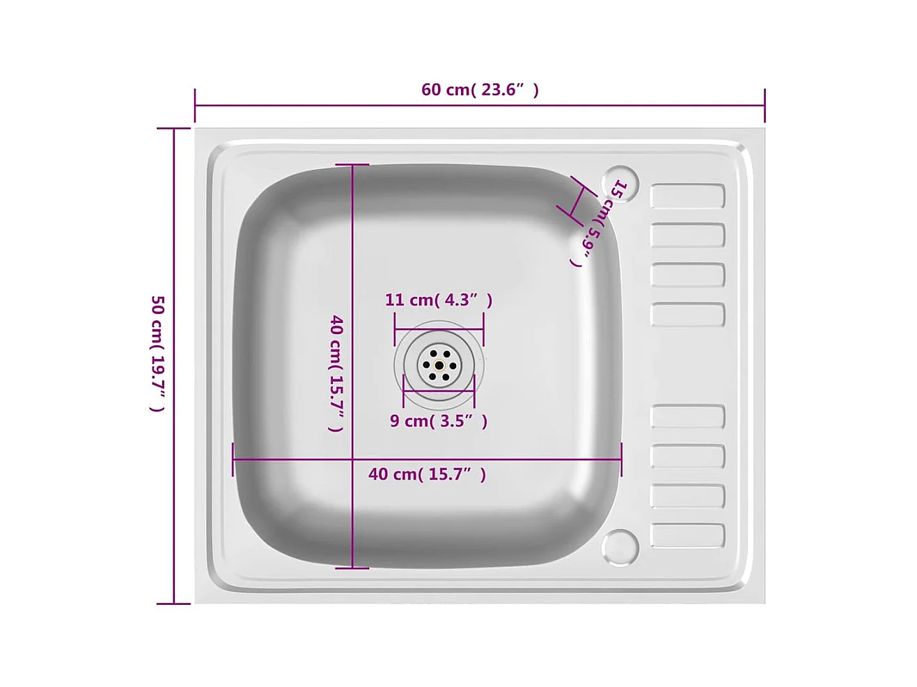 Zilveren spoelbak en afdruiprek 600x500x155 mm roestvrij staal