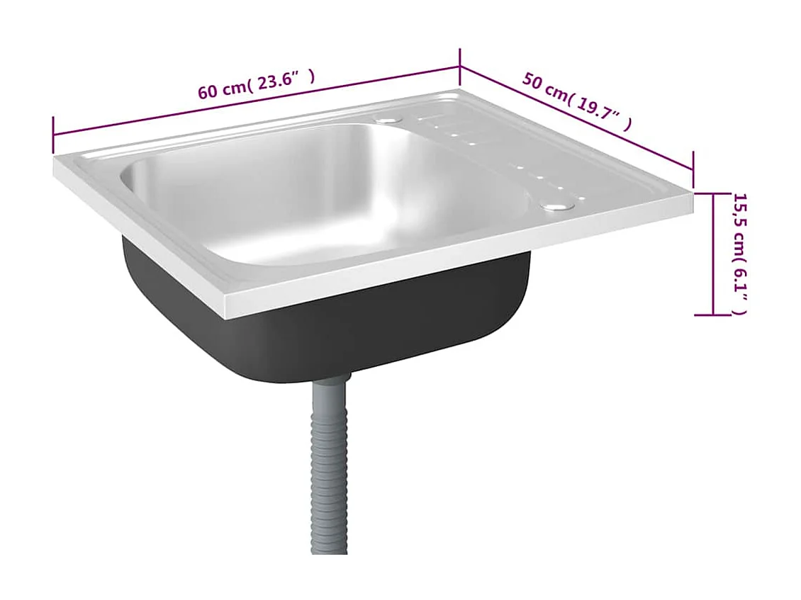 Fregadero de cocina y escurridor plateado 600x500x155 mm acero inoxidable
