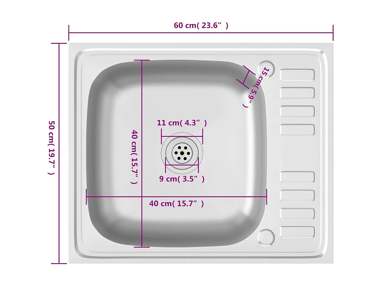 Fregadero de cocina y escurridor plateado 600x500x155 mm acero inoxidable