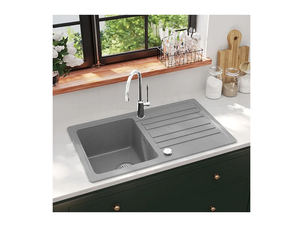 Granieten keukenspoelbak met omkeerbaar afdruipvlak Grijs