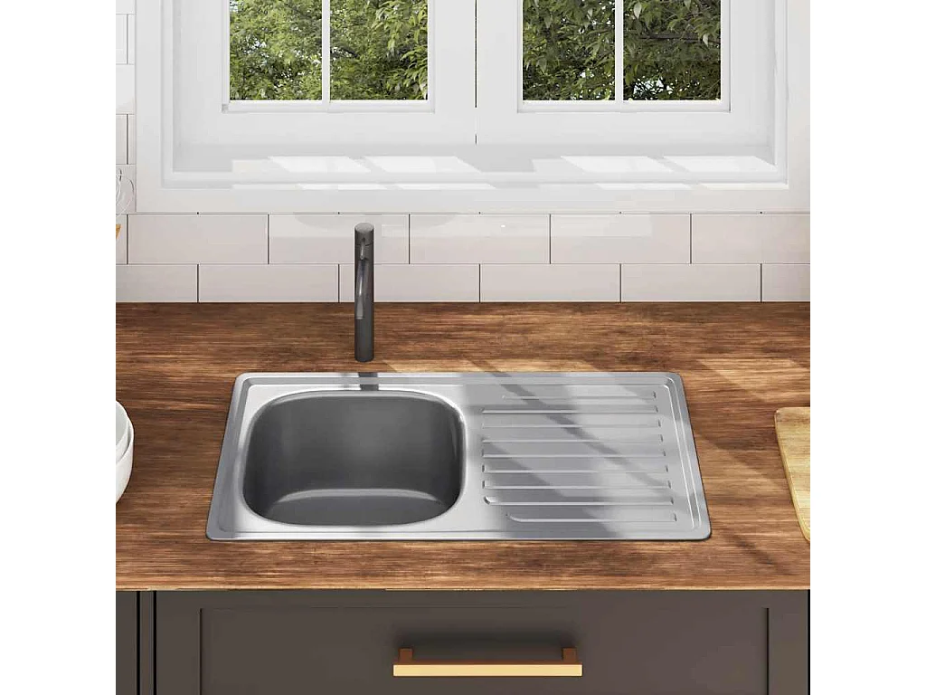 Fregadero de cocina con colador y sifón de acero inoxidable