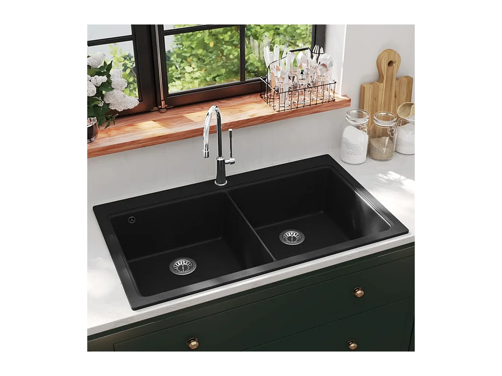 Unterbauspüle aus schwarzem Granit mit Doppelbecken