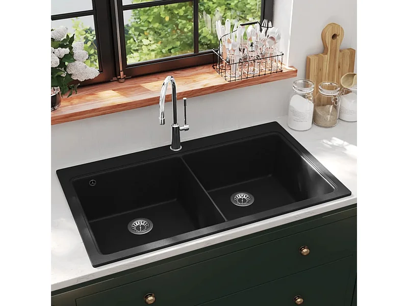 Lavello da cucina sottotop a doppia vasca in granito nero