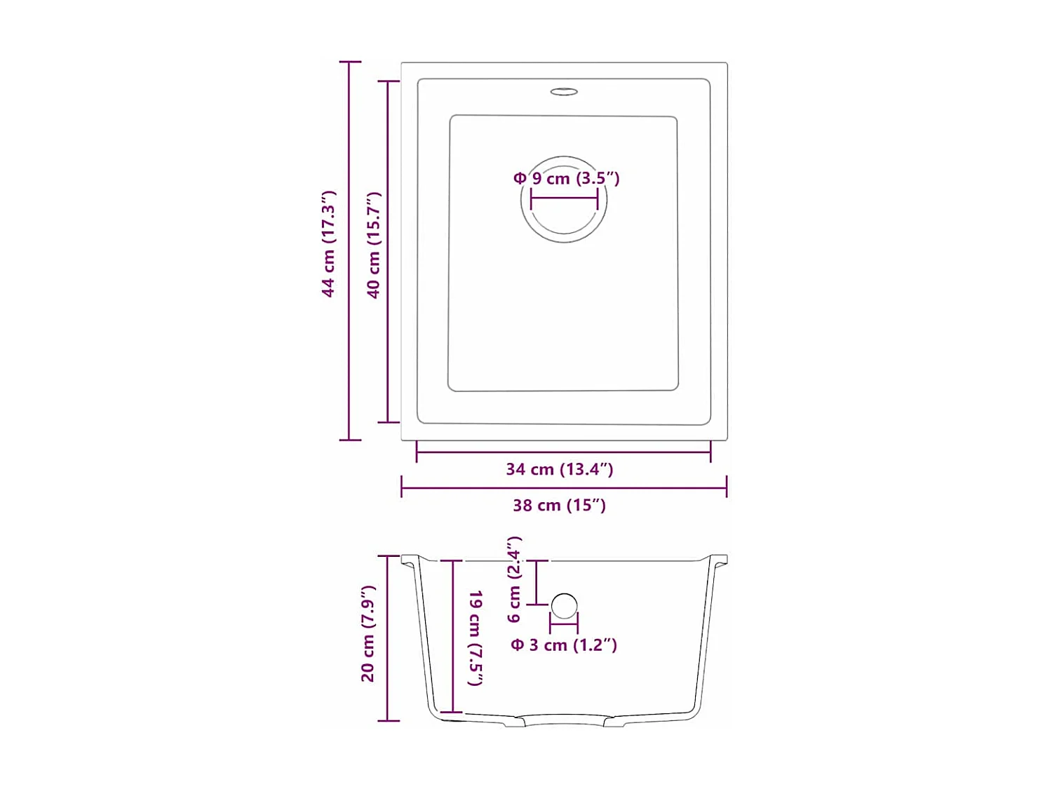 Évier de cuisine Noir 38 x 44 x 20 cm Granite
