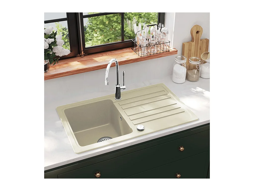 Fregadero de cocina de granito, fregadero individual, color beige