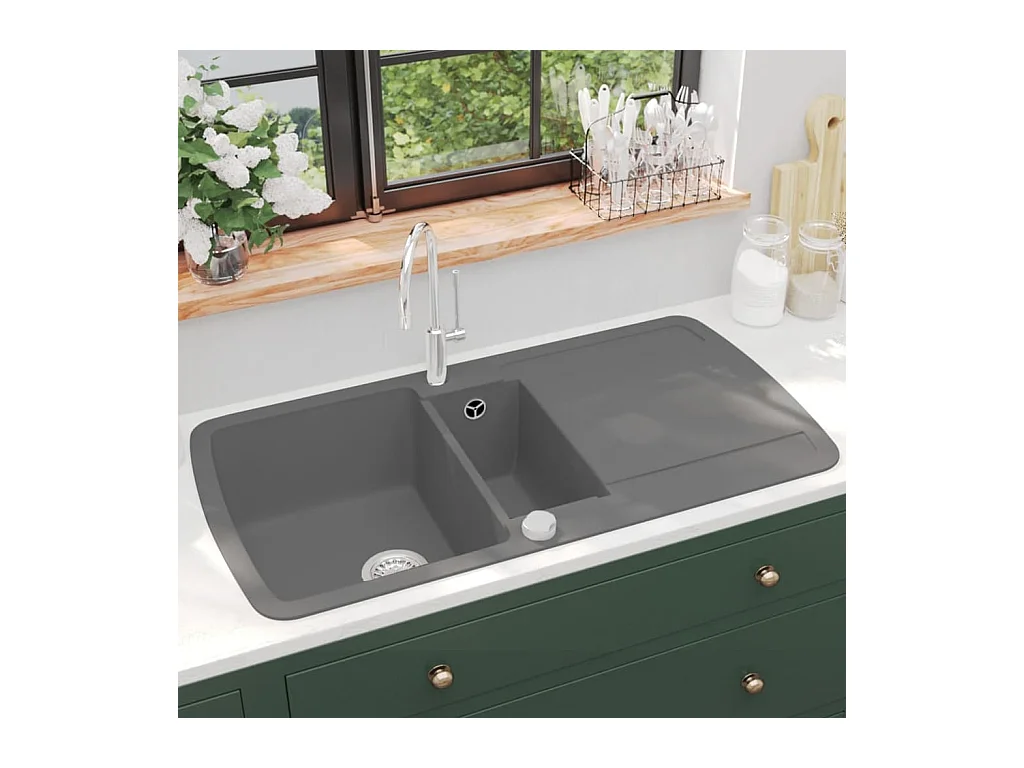 Fregadero de cocina de granito gris de dos senos