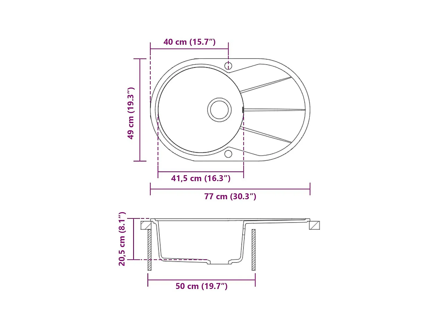 Évier de cuisine en granit Bac unique Ovale Gris