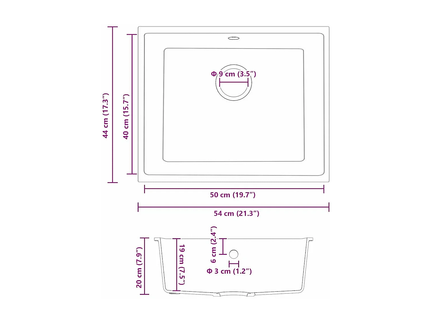 Witte keukenspoelbak 54 x 44 x 20 cm Graniet