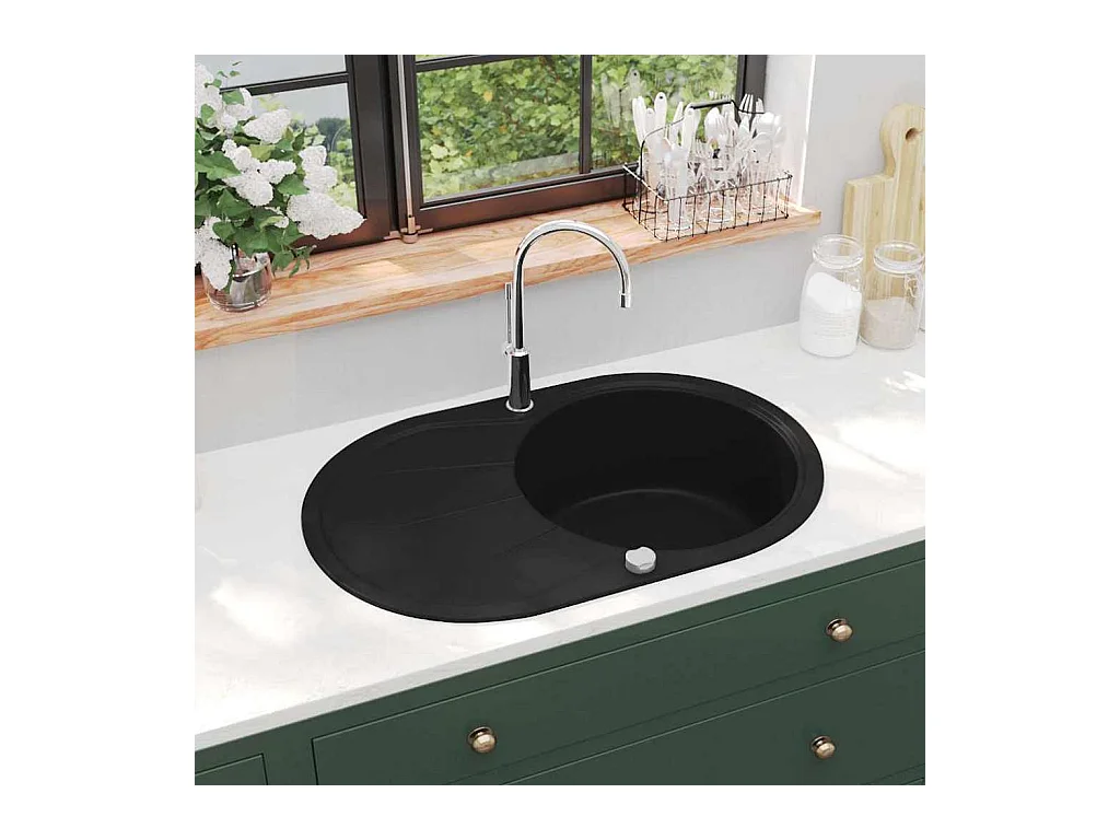 Lavello da cucina in granito, vasca singola, ovale, nero