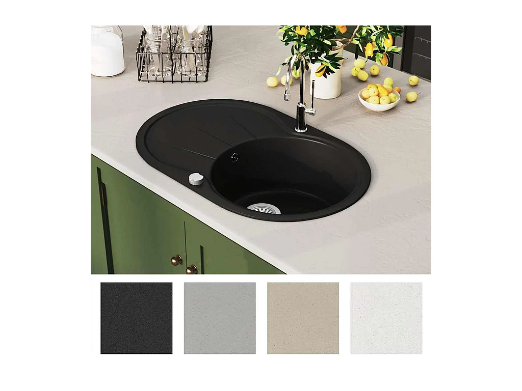 Lavello da cucina in granito, vasca singola, ovale, nero