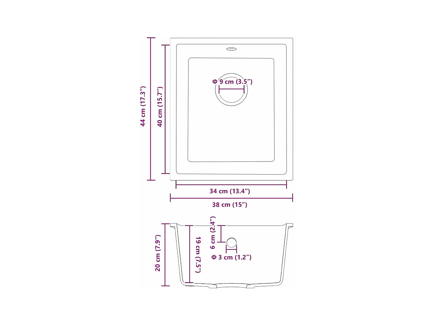 Évier de cuisine Gris 38 x 44 x 20 cm Granite