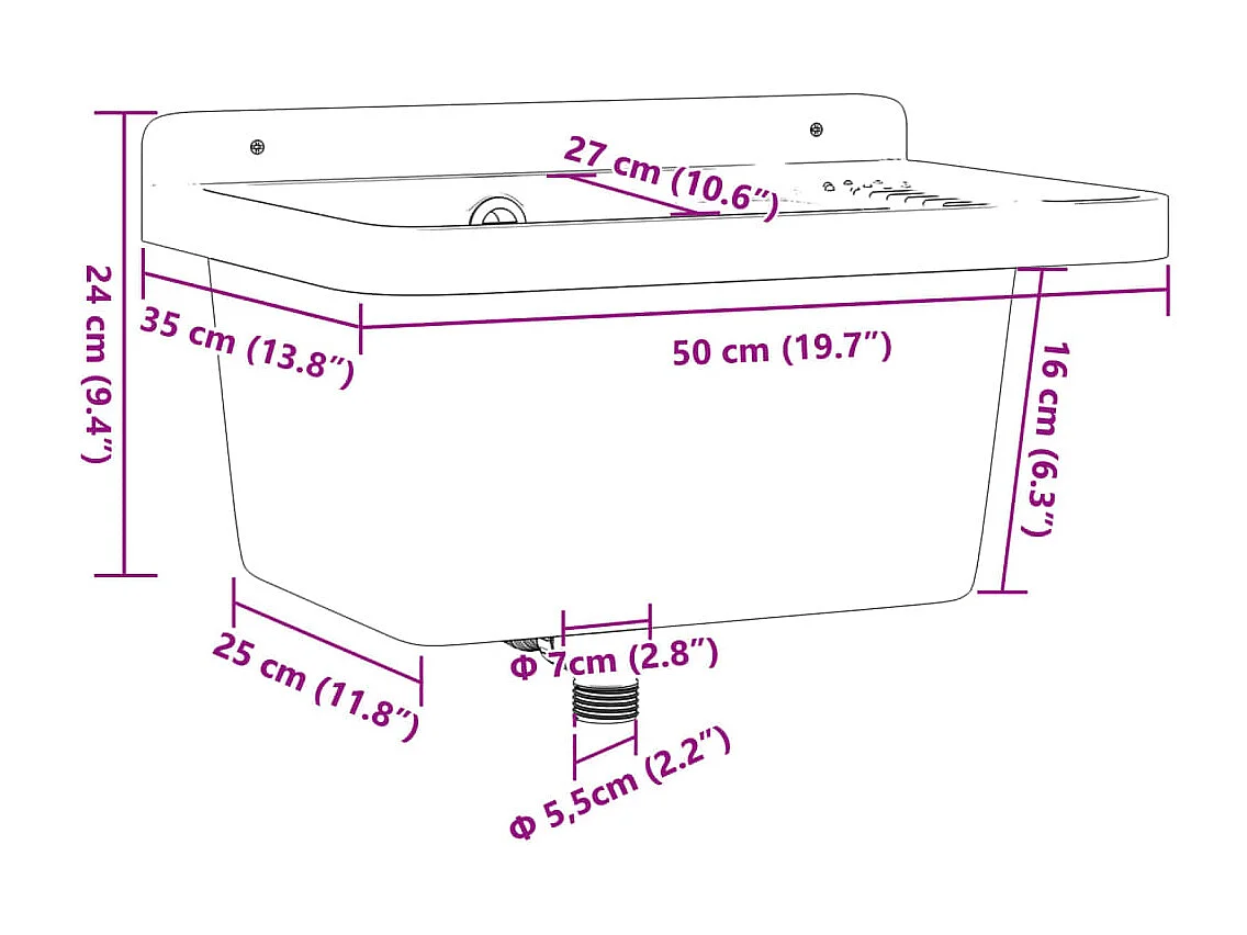 Lavabo pour montage murale gris 50x35x24 cm résine