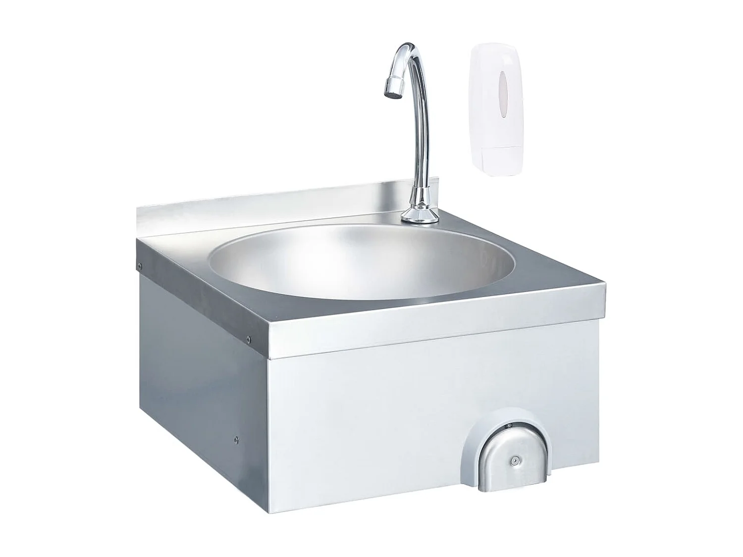 Lavabo de acero inoxidable con grifo y dispensador de jabón.