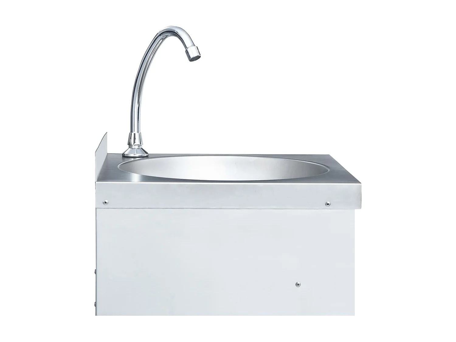 Lavabo de acero inoxidable con grifo y dispensador de jabón.