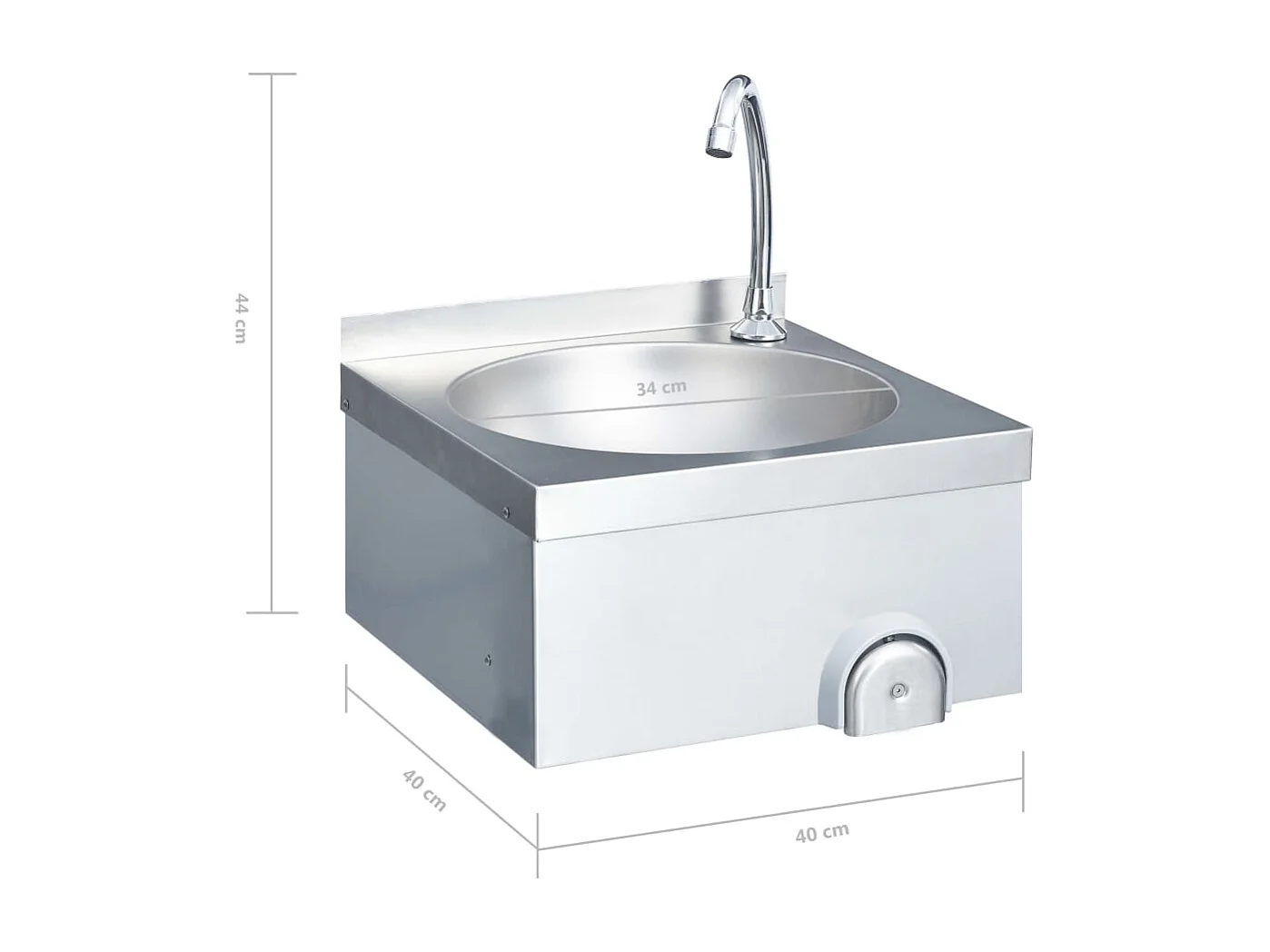 Lavabo de acero inoxidable con grifo y dispensador de jabón.