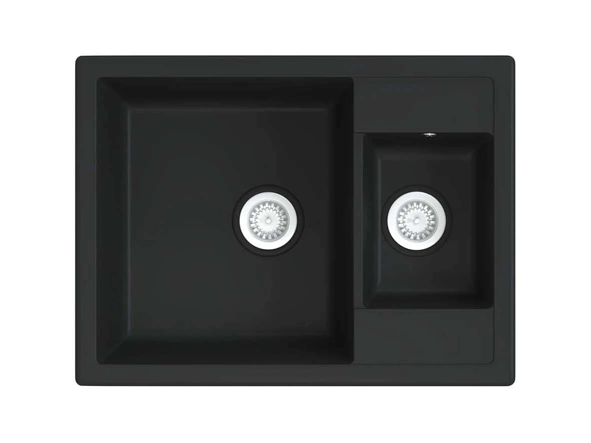 Küchenspüle aus schwarzem Granit und zwei Becken mit Überlaufloch